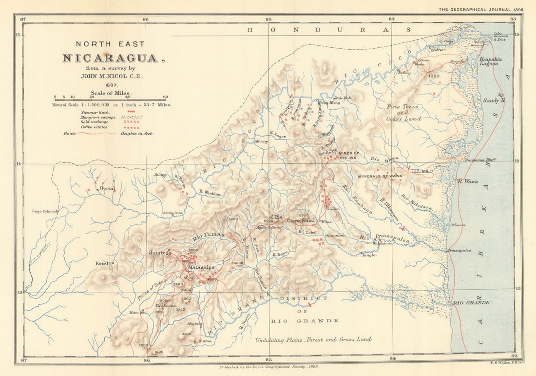 North East Nicaragua from a survey by John Macdonald Nicol. RGS 1898 old map: Title: North East Nicaragua from a survey by John Macdonald Nicol. RGS 1898 old map Description: North East Nicaragua (from a survey by John M. Nicol C.E., 1897)'. Royal Geographical Society / John