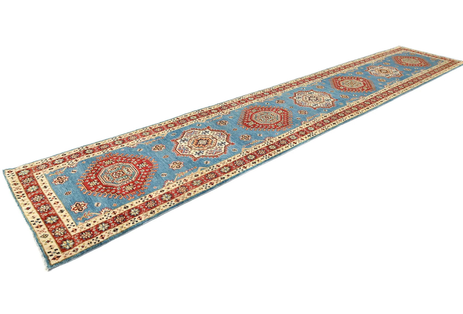 Blue Tribal Geometric 3X14 Kazak Oriental Runner Rug - 2
