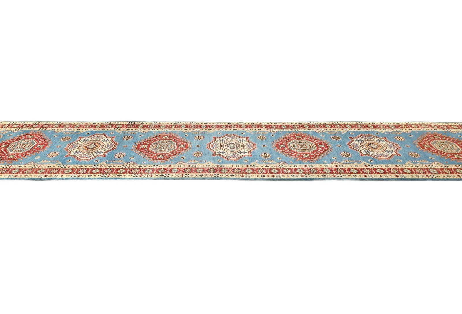 Blue Tribal Geometric 3X14 Kazak Oriental Runner Rug - 3