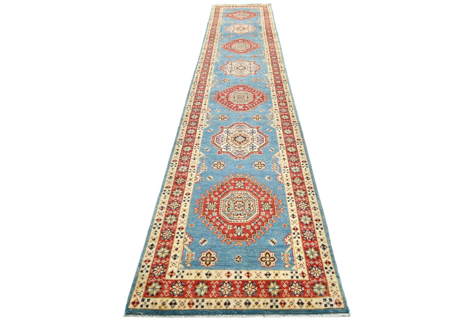 Blue Tribal Geometric 3X14 Kazak Oriental Runner Rug - 8