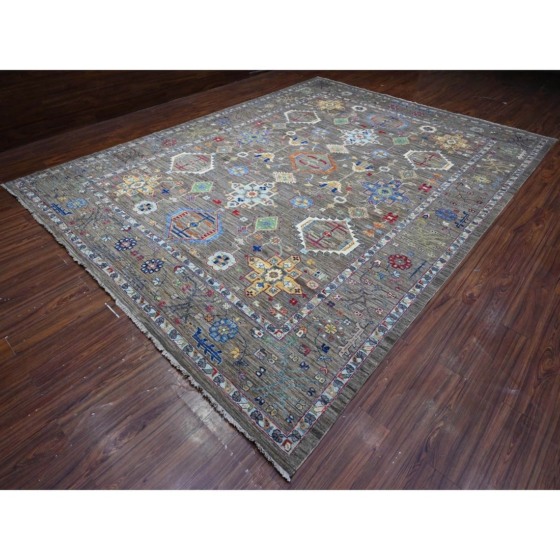 Pewter Gray Hand Knotted Karajeh Geometric Design Wool Oriental Rug - 3