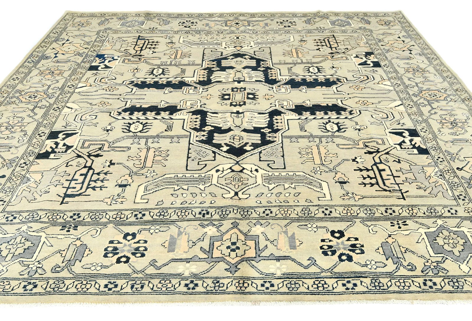 Greige Tribal Geometric 8X8 Heriz Serapi Oriental Square Rug - 2