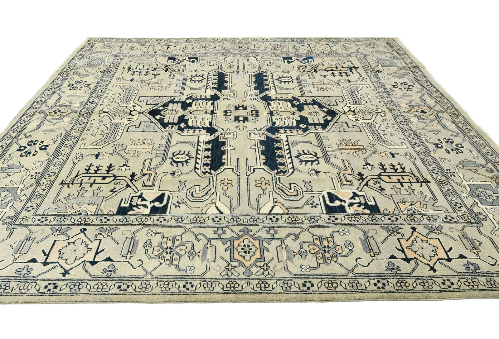Greige Tribal Geometric 8X8 Heriz Serapi Oriental Square Rug - 4