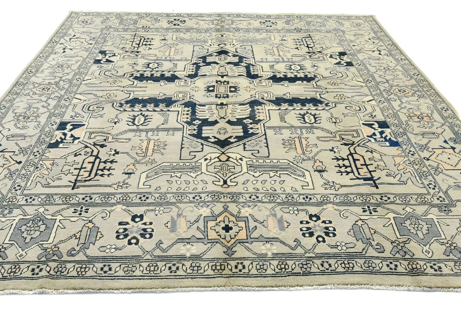Greige Tribal Geometric 8X8 Heriz Serapi Oriental Square Rug - 9
