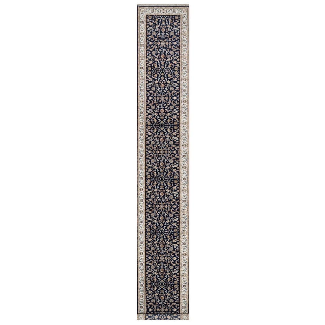 Midnight Blue Nain with Flower Design Wool and Silk Hand Knotted Rug: Title: Midnight Blue Nain with Flower Design Wool and Silk Hand Knotted Rug Description: This is a truly genuine one-of-a-kind. It has been Knotted for months and months in the centuries-old weaving c
