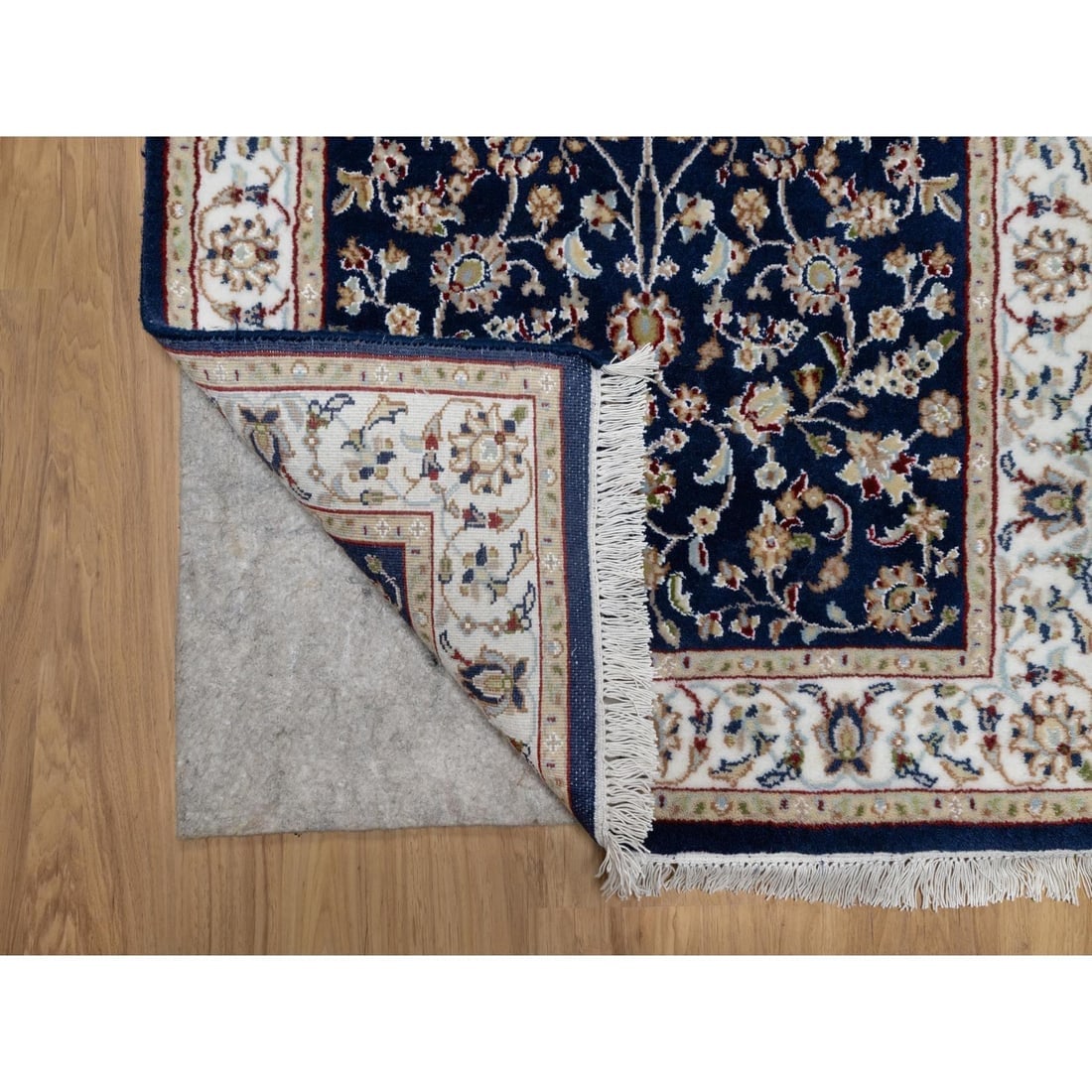 Midnight Blue Nain with Flower Design Wool and Silk Hand Knotted Rug - 3
