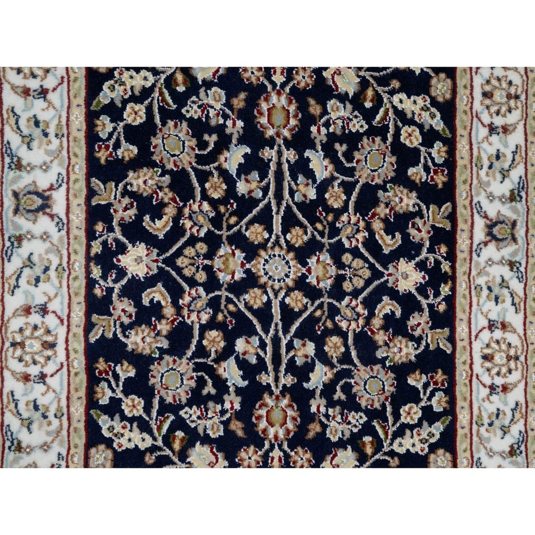 Midnight Blue Nain with Flower Design Wool and Silk Hand Knotted Rug - 5
