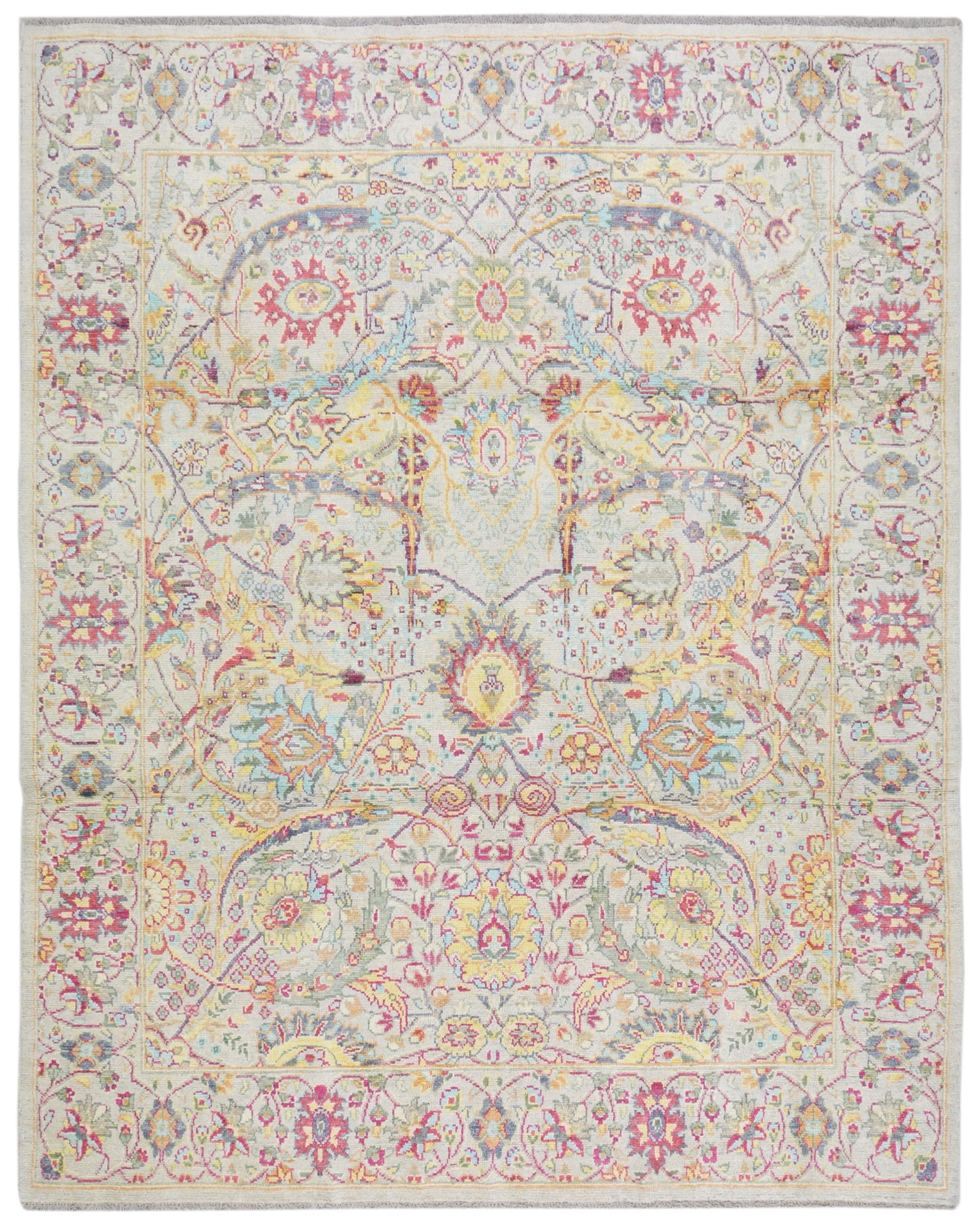 HAND KNOTTED WOOL OUSHAK RUG: Title:HAND KNOTTED WOOL OUSHAK RUG Dimensions:7'6X9'6 Age:NEW Origin:PAKISTANI Reserve: $1,500.00 Shipping: Domestic: Shipping rates are determined by destination International: Foreign shi