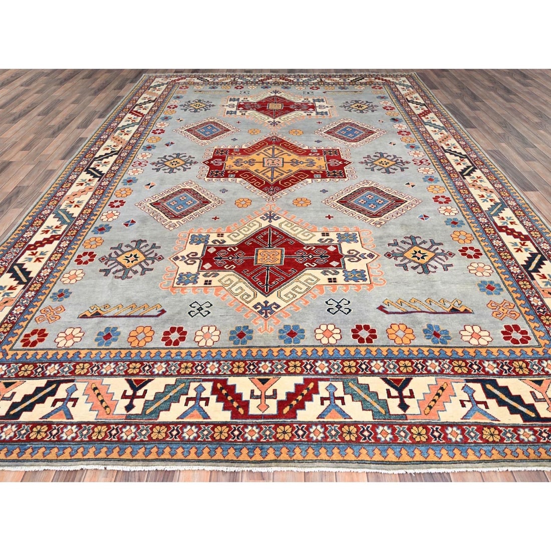 Gray Hand Knotted Special Kazak Soft Wool Oriental Dense Weave Rug - 2