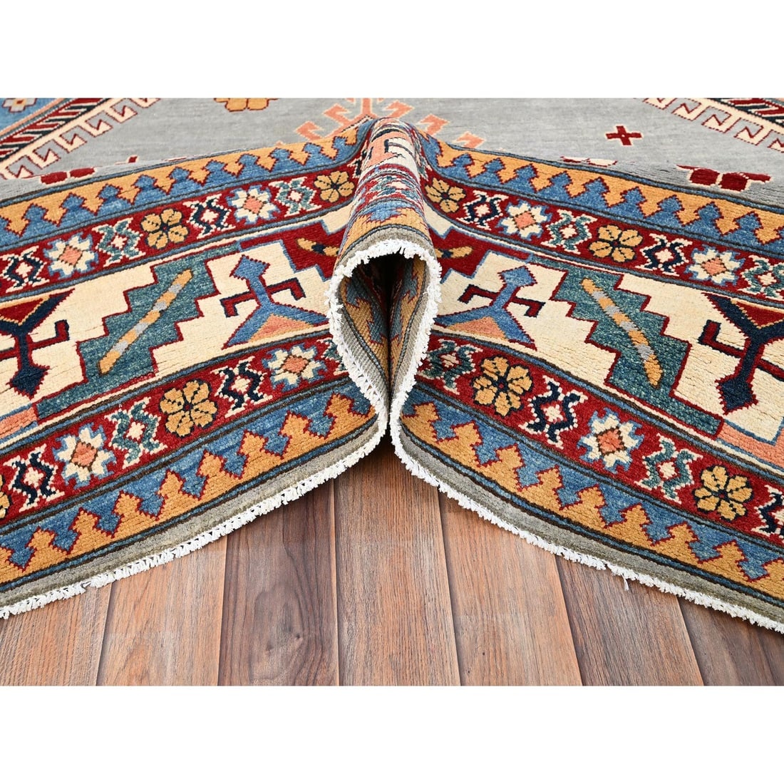 Gray Hand Knotted Special Kazak Soft Wool Oriental Dense Weave Rug - 5