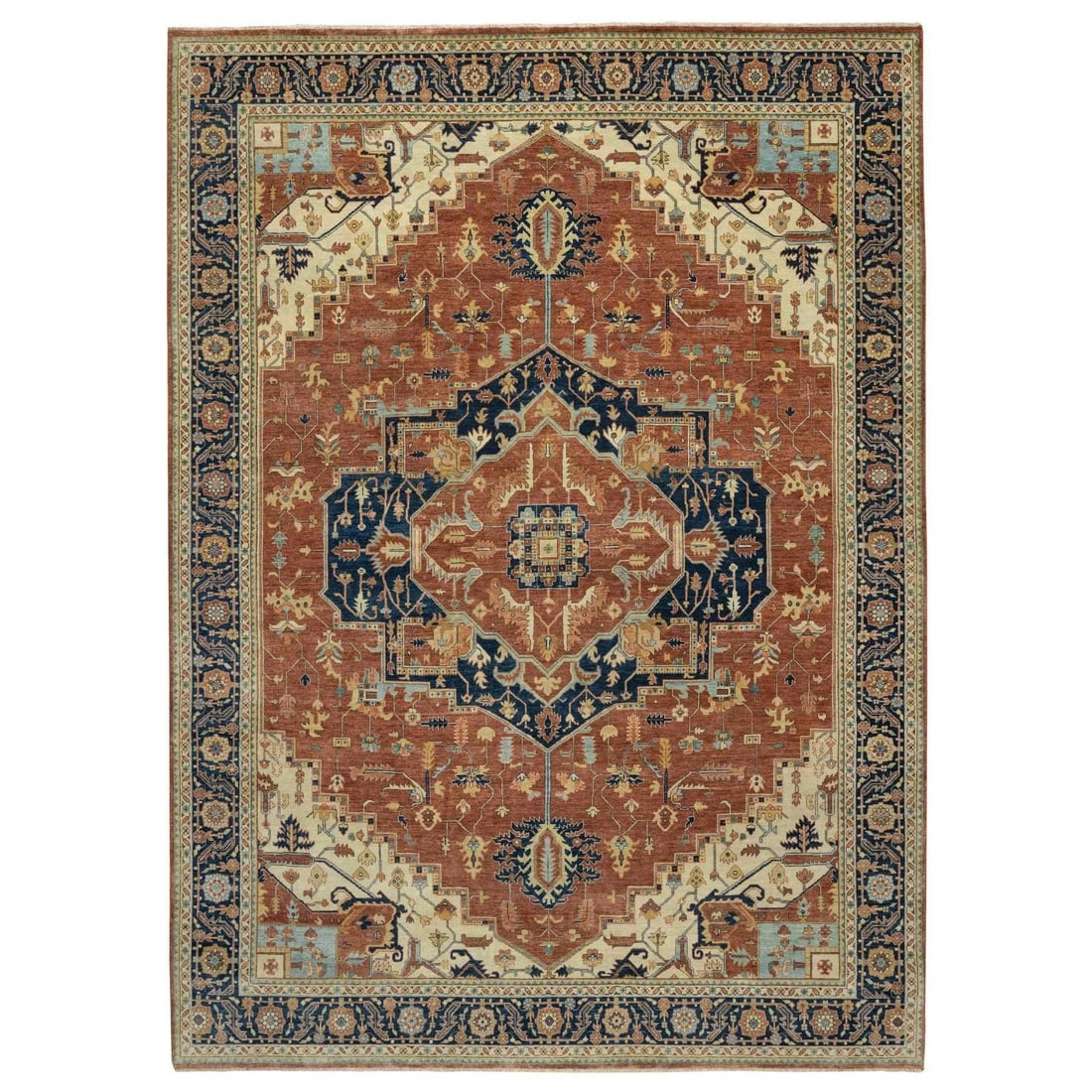 Ginger Red Heriz Re-Creation Medallion Hand Knotted Wool Oriental Rug: Title: Ginger Red Heriz Re-Creation Medallion Hand Knotted Wool Oriental Rug Description: This is a truly genuine one-of-a-kind. It has been Knotted for months and months in the centuries-old weaving