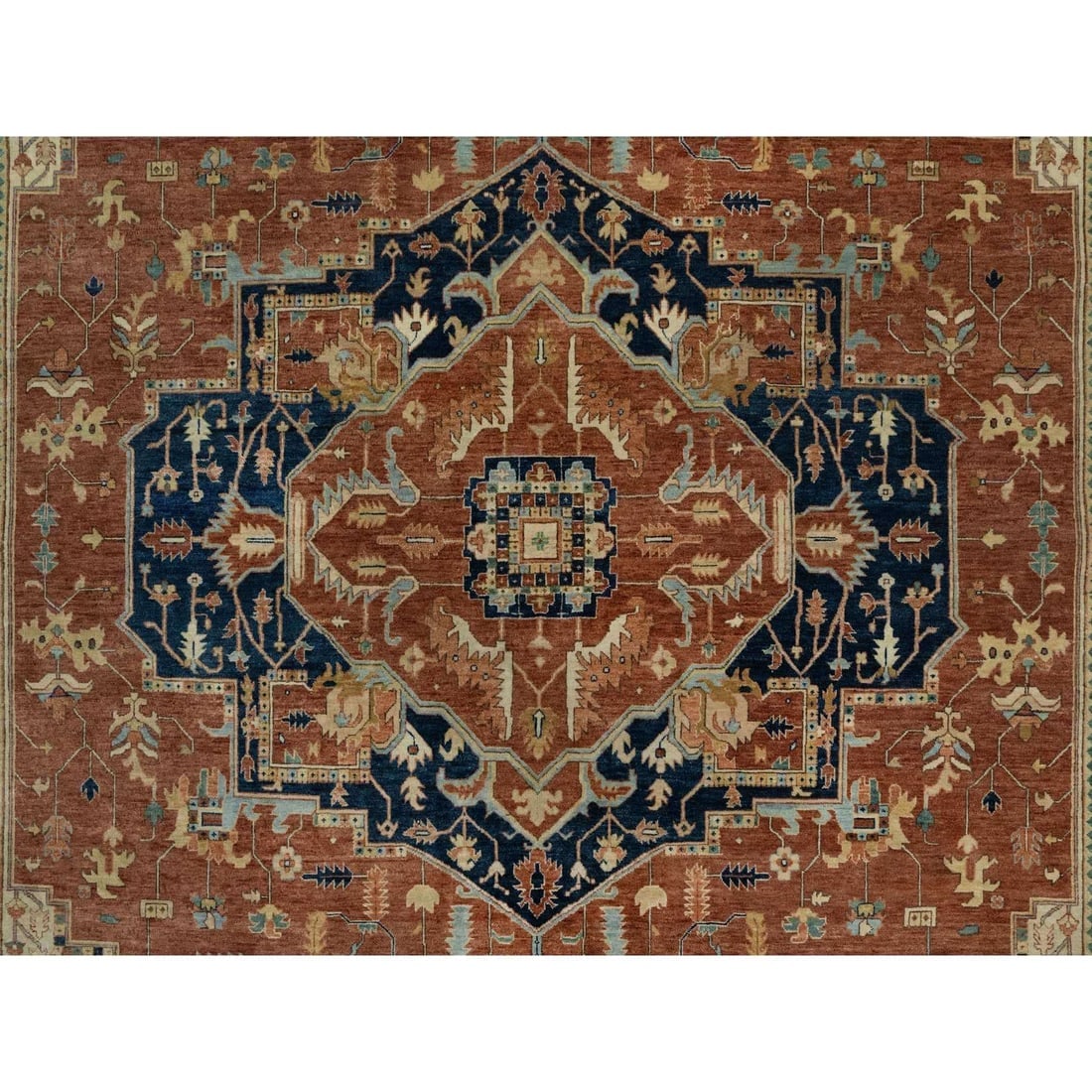 Ginger Red Heriz Re-Creation Medallion Hand Knotted Wool Oriental Rug - 8