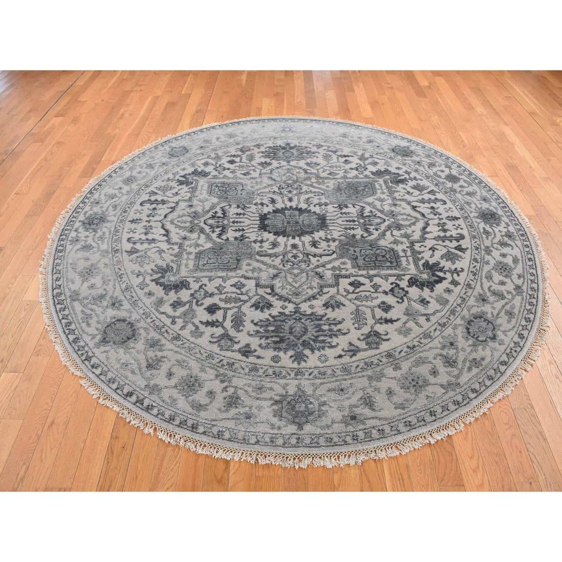 Gray, Heriz Design, Wool and Silk, Hand Knotted Round Rug - 2