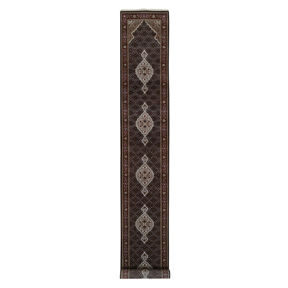 Rich Black Tabriz Mahi, Hand Knotted, Wool XL Runner Rug: Title: Rich Black Tabriz Mahi, Hand Knotted, Wool XL Runner RugDescription: This is a truly genuine one-of-a-kind. It has been Knotted for months and months in the centuries-old weaving craftsmanship