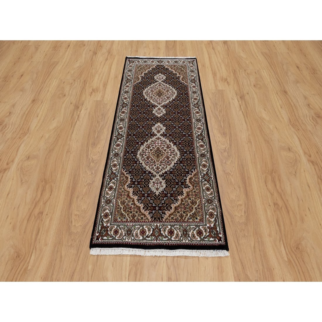 Black Hand Knotted Tabriz Mahi with Medallion Design Wool Runner Rug - 2