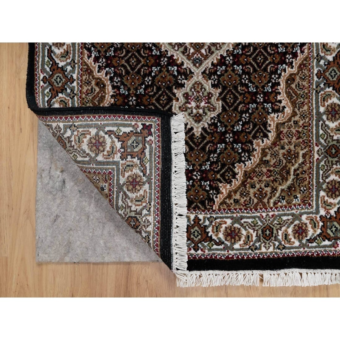 Black Hand Knotted Tabriz Mahi with Medallion Design Wool Runner Rug - 3