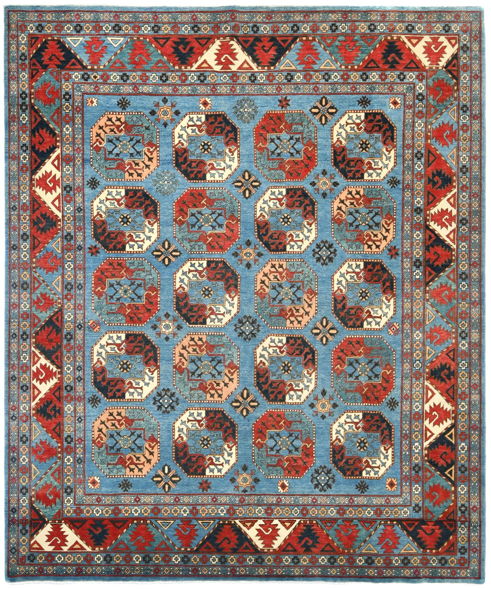 Blue Tribal Geometric 8X10 Turkoman Pakistan Rug: Title:Blue Tribal Geometric 8X10 Turkoman Pakistan RugDescription:Hand Knotted 8X10 Blue Oriental rug made with vegetable dyes (fine wool pile and cotton foundation), exceptional knot count, and