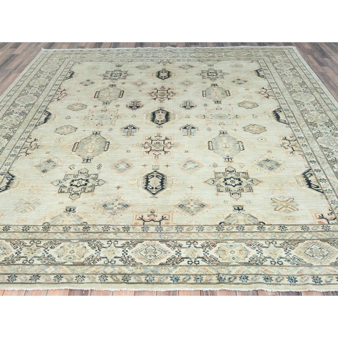 Gray, Afghan Super Kazak, Natural Wool, Hand Knotted, Square Rug - 2