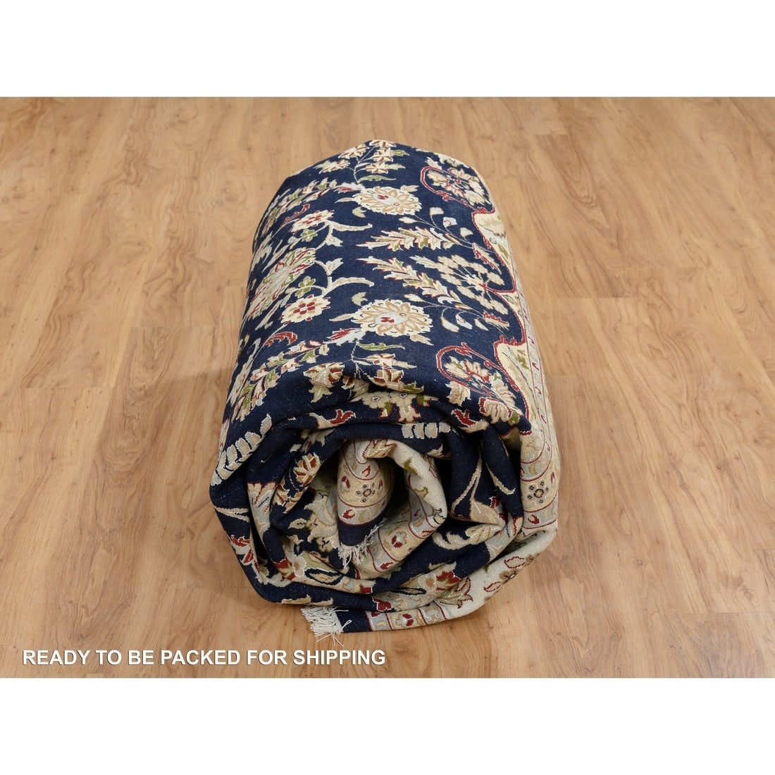 Midnight Blue Hand Knotted Nain with Flower Design Wool Rug - 9