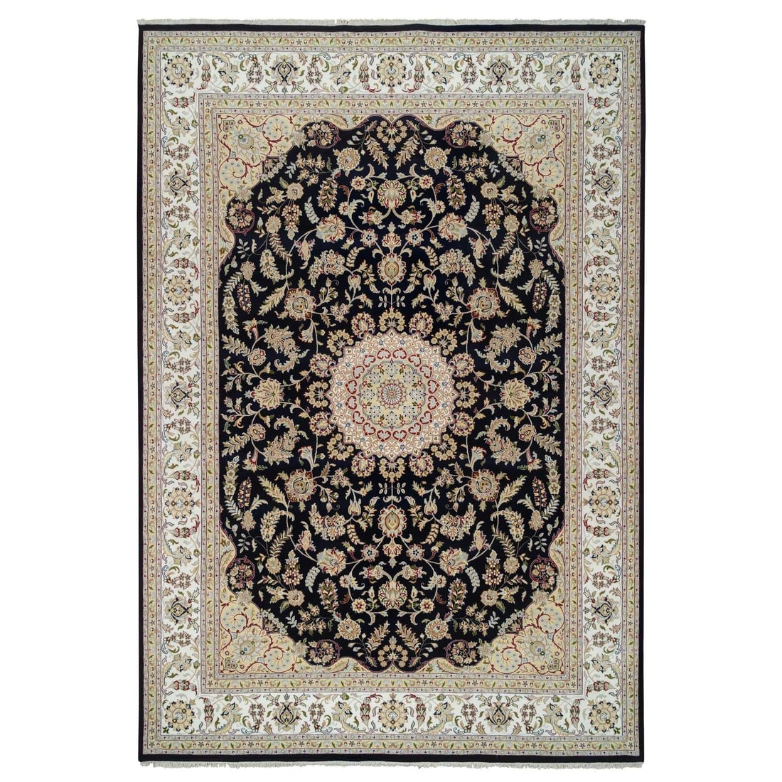 Midnight Blue Hand Knotted Nain with Flower Design Wool Rug: Title: Midnight Blue Hand Knotted Nain with Flower Design Wool Rug Description: This is a truly genuine one-of-a-kind. It has been Knotted for months and months in the centuries-old weaving craftsmans