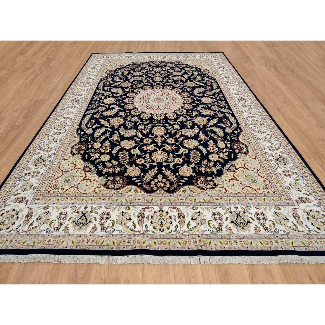 Midnight Blue Hand Knotted Nain with Flower Design Wool Rug - 2