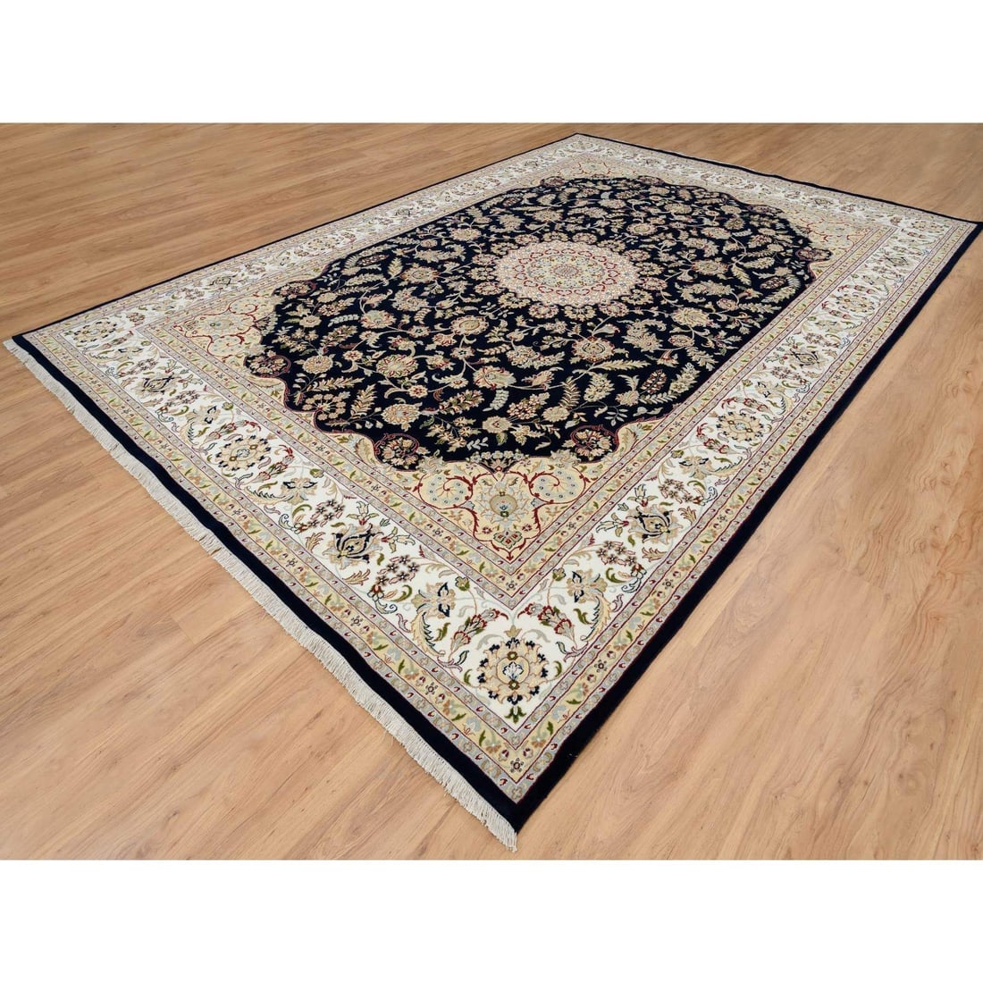 Midnight Blue Hand Knotted Nain with Flower Design Wool Rug - 3