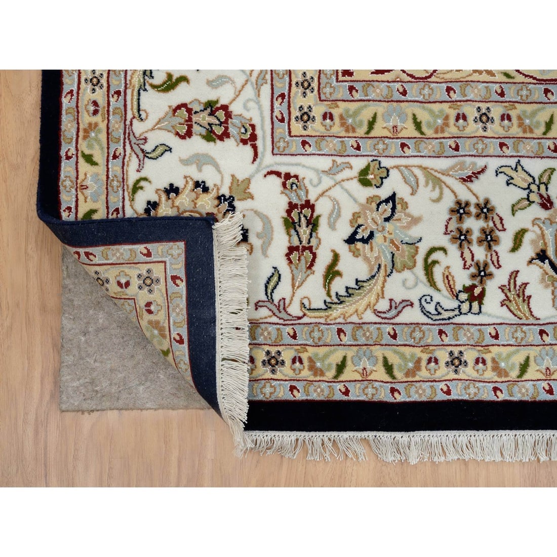 Midnight Blue Hand Knotted Nain with Flower Design Wool Rug - 4