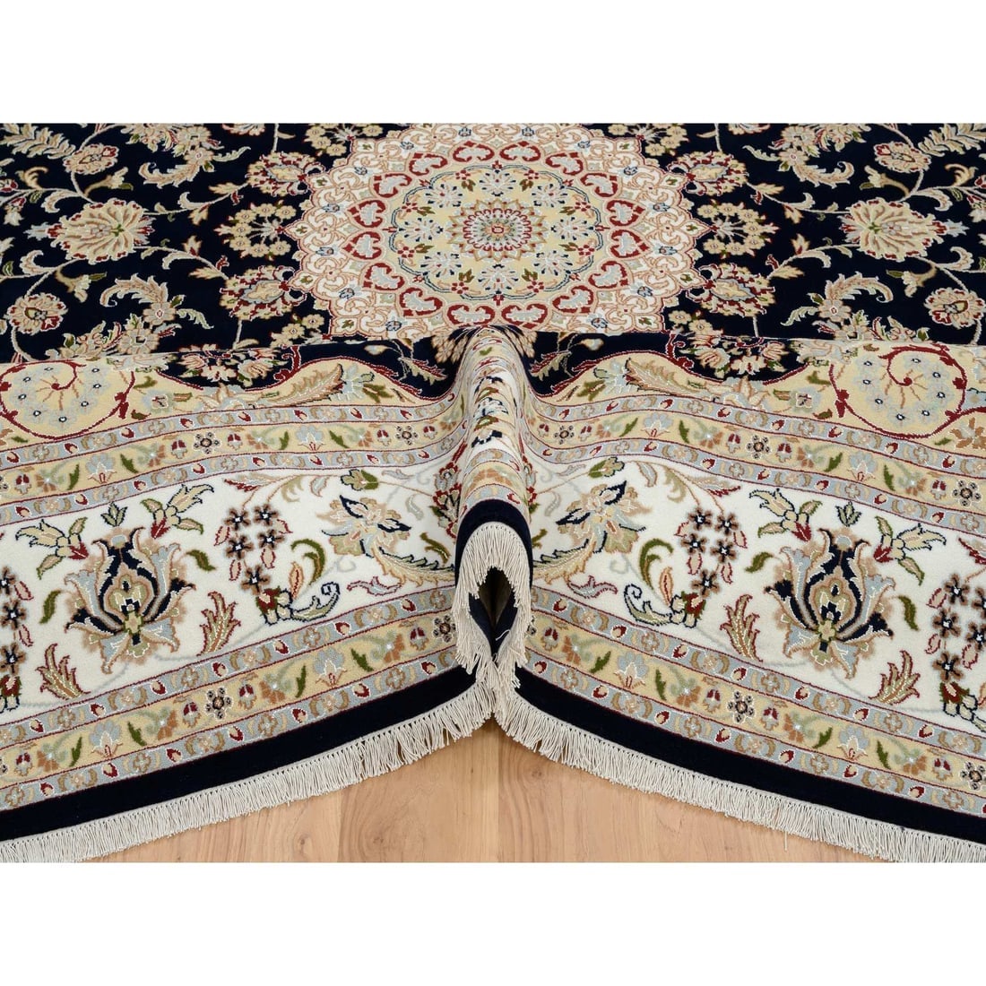 Midnight Blue Hand Knotted Nain with Flower Design Wool Rug - 5
