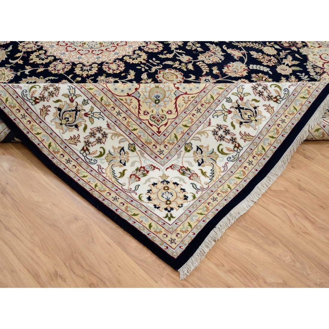 Midnight Blue Hand Knotted Nain with Flower Design Wool Rug - 6