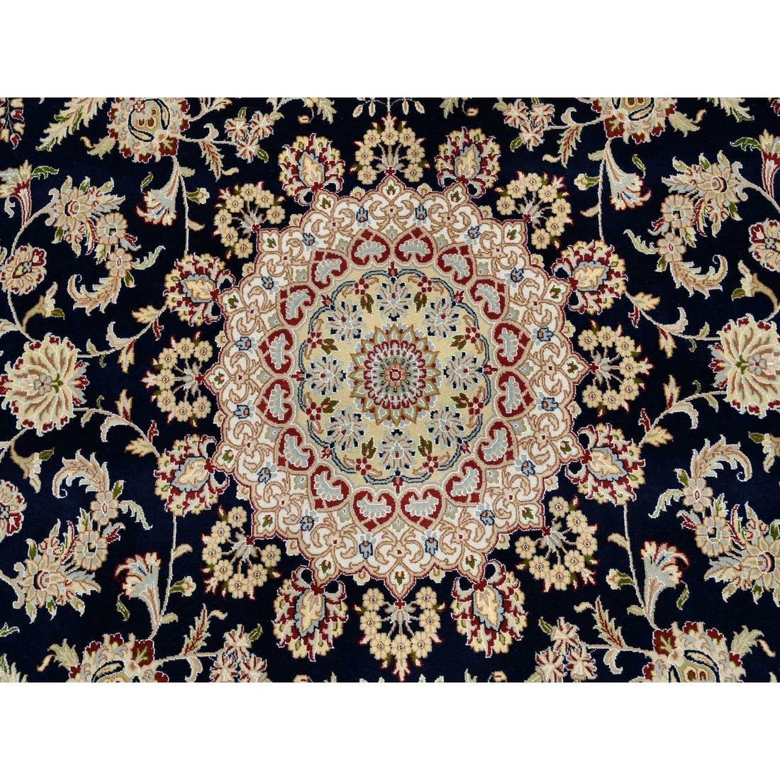 Midnight Blue Hand Knotted Nain with Flower Design Wool Rug - 8