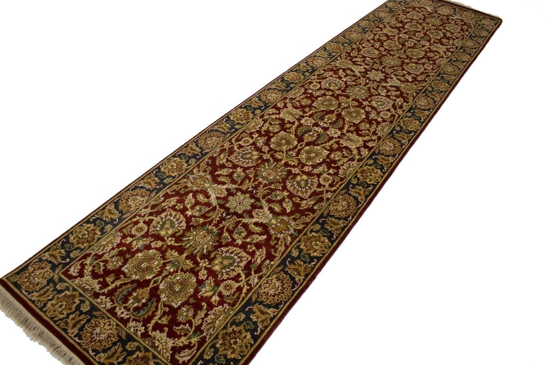 Red & Charcoal Floral 3X12 Indo-Kashan Oriental Runner Rug - 10