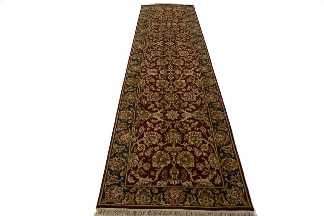 Red & Charcoal Floral 3X12 Indo-Kashan Oriental Runner Rug - 9