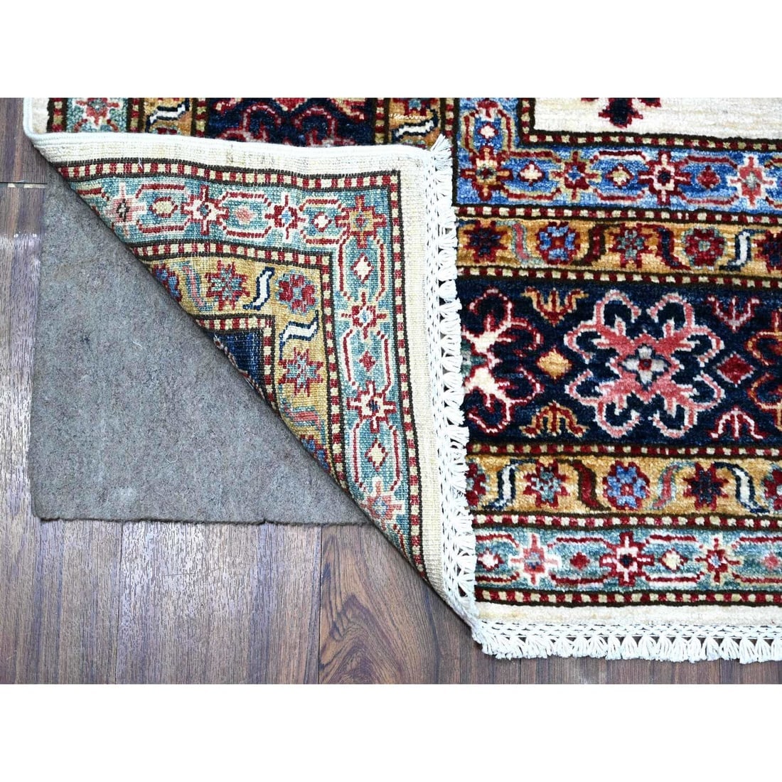 White Pepper Hand Knotted Geometric Patterns Super Kazak Square Rug - 2
