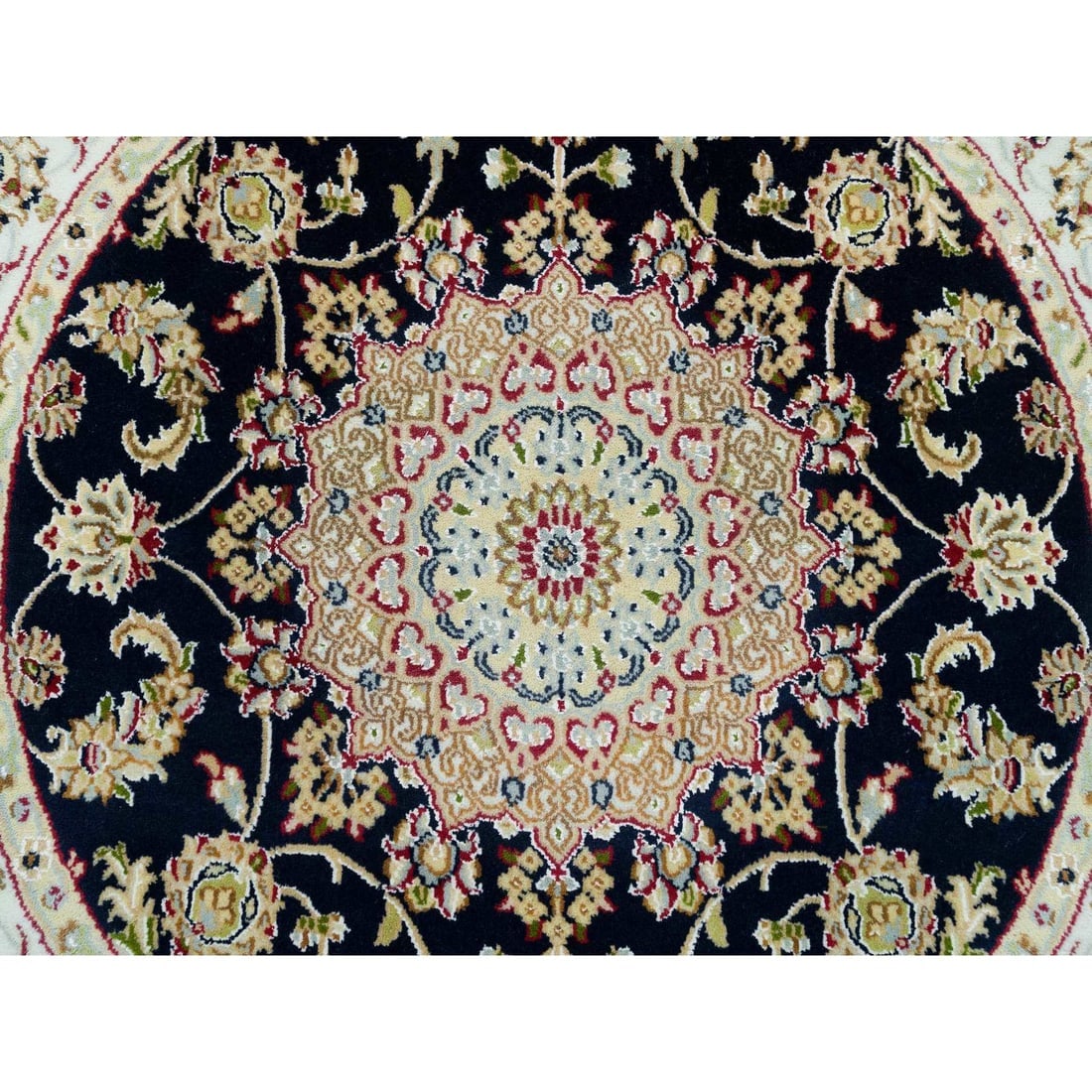 Midnight Blue, Hand Knotted, Nain Design, 250 KPSI Wool Round Rug - 5