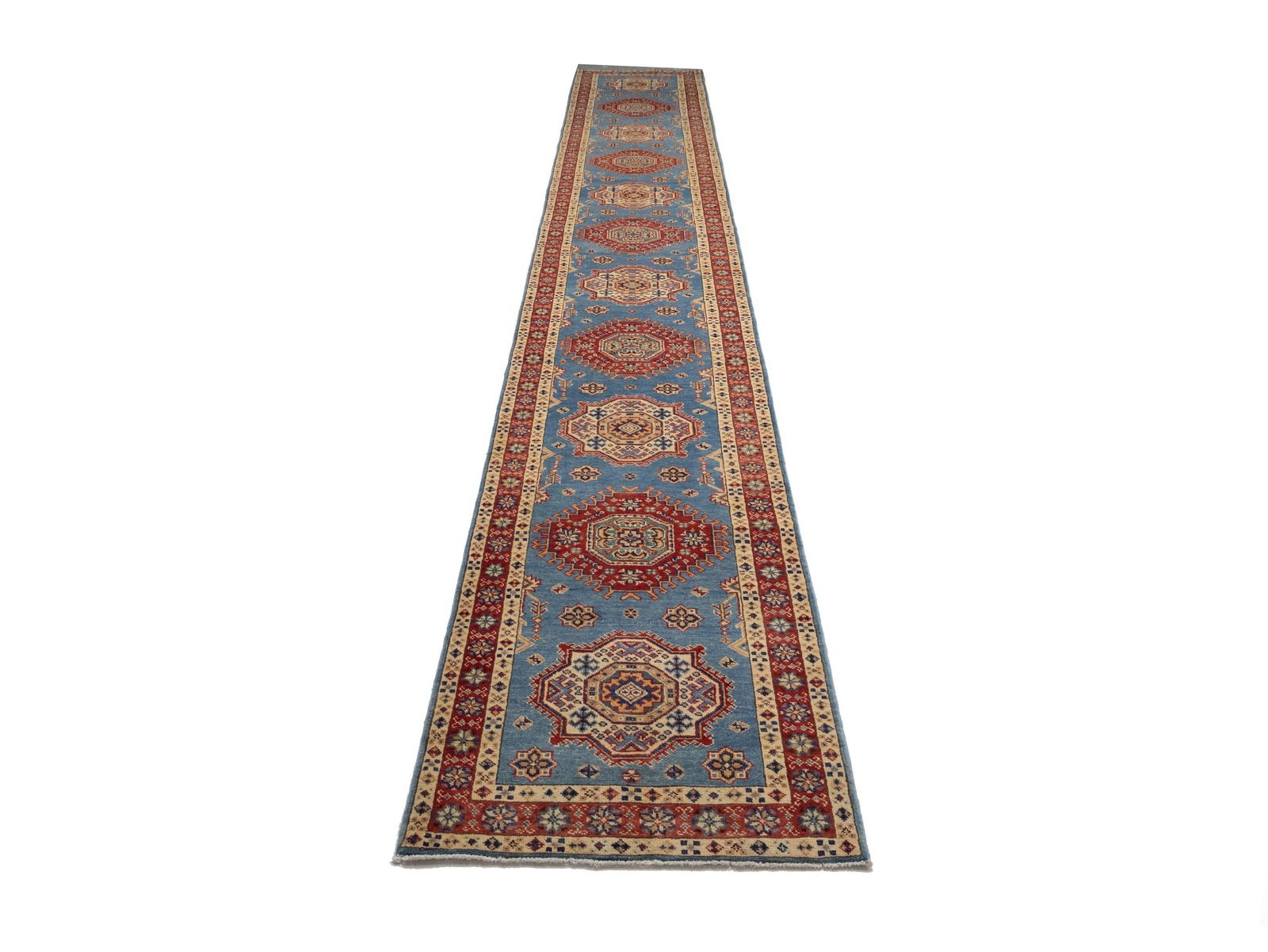 Blue Tribal Geometric 3X21 Kazak Oriental Runner Rug - 10