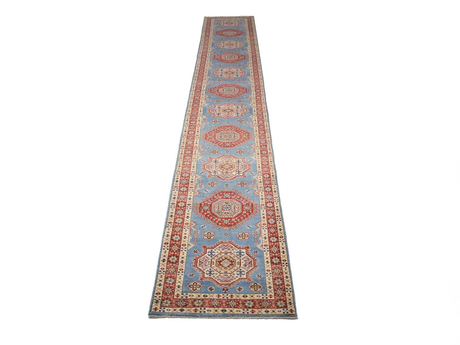Blue Tribal Geometric 3X21 Kazak Oriental Runner Rug - 2