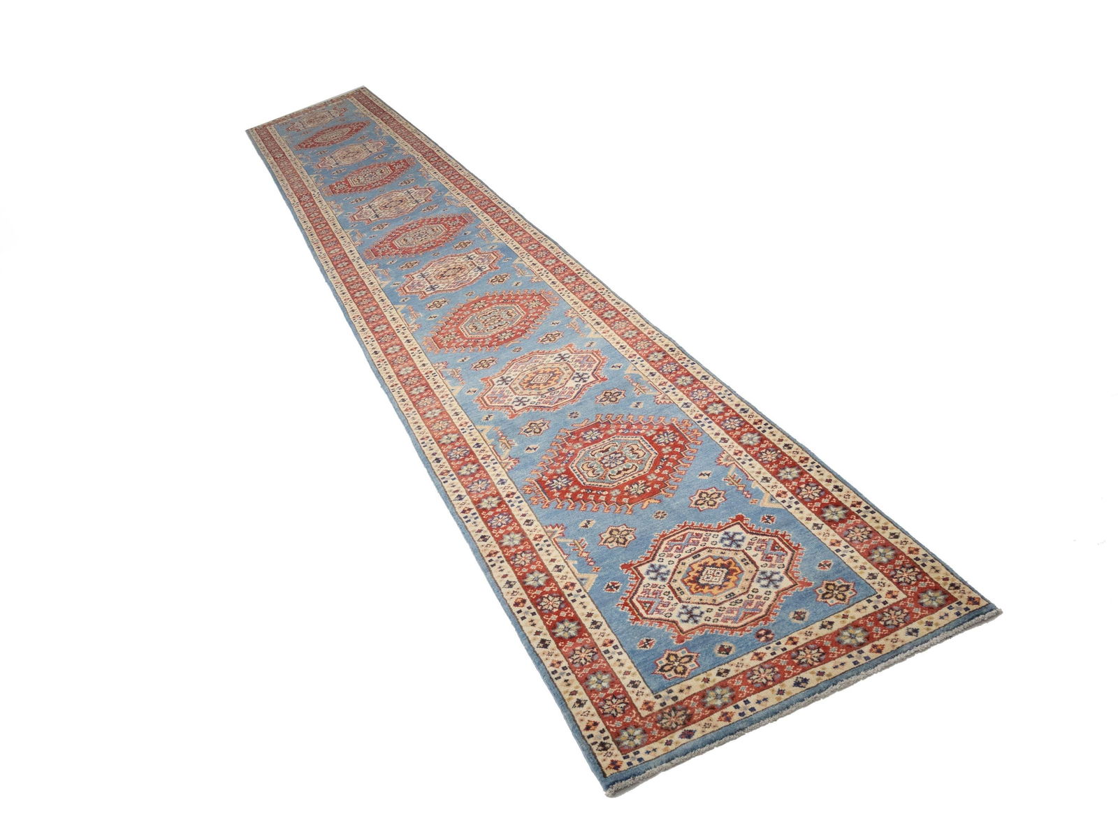 Blue Tribal Geometric 3X21 Kazak Oriental Runner Rug - 3