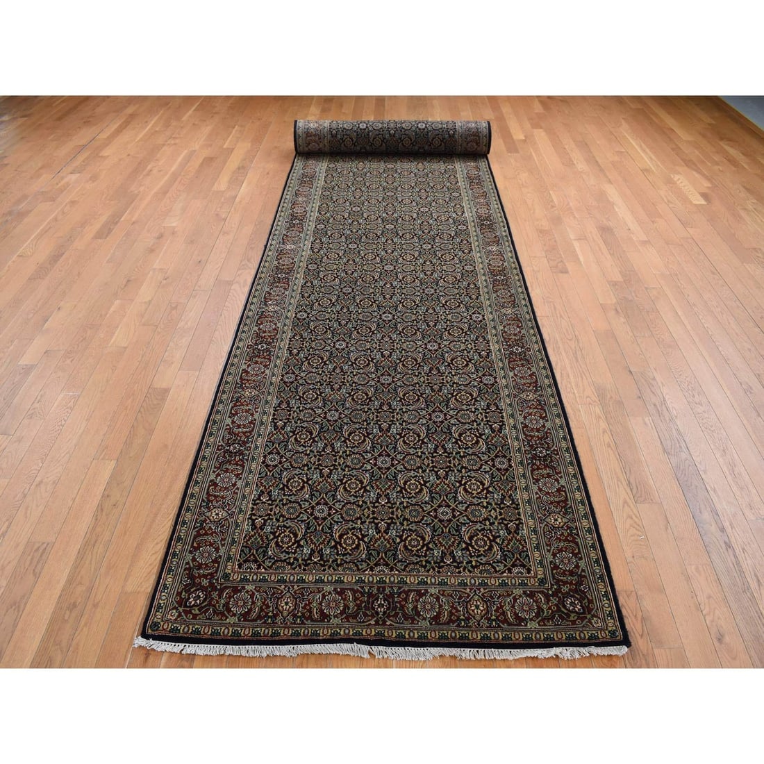 Black Herati Fish Mahi Design 250 KPSI Hand Knotted Wool Runner Rug - 2