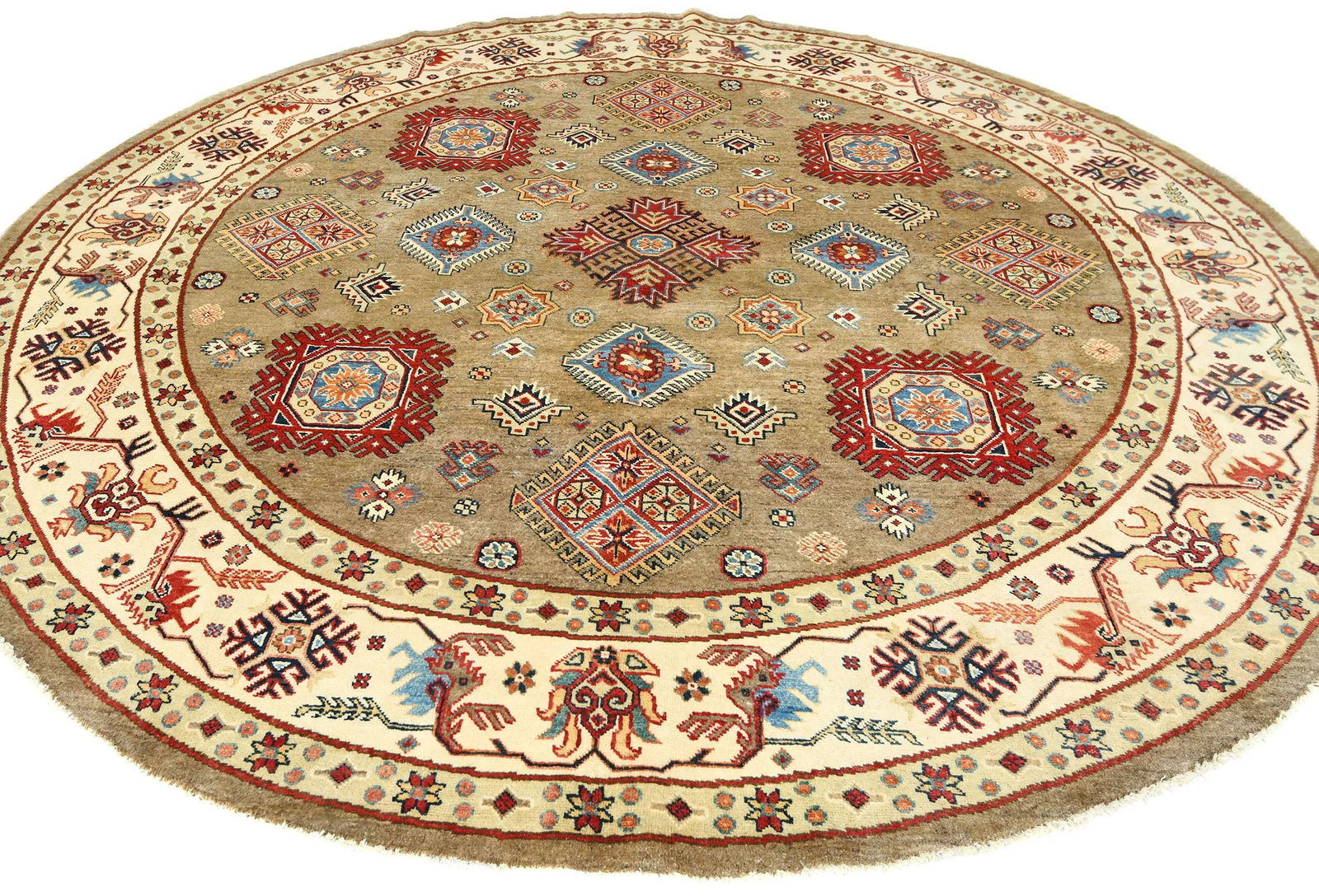 Khaki Geometric Tribal 9X9 Kazak Oriental Round Rug - 2