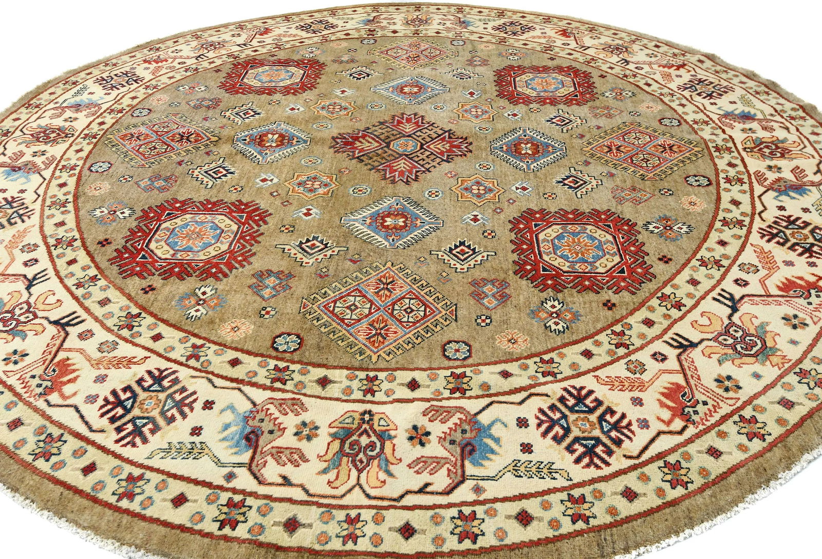 Khaki Geometric Tribal 9X9 Kazak Oriental Round Rug - 4