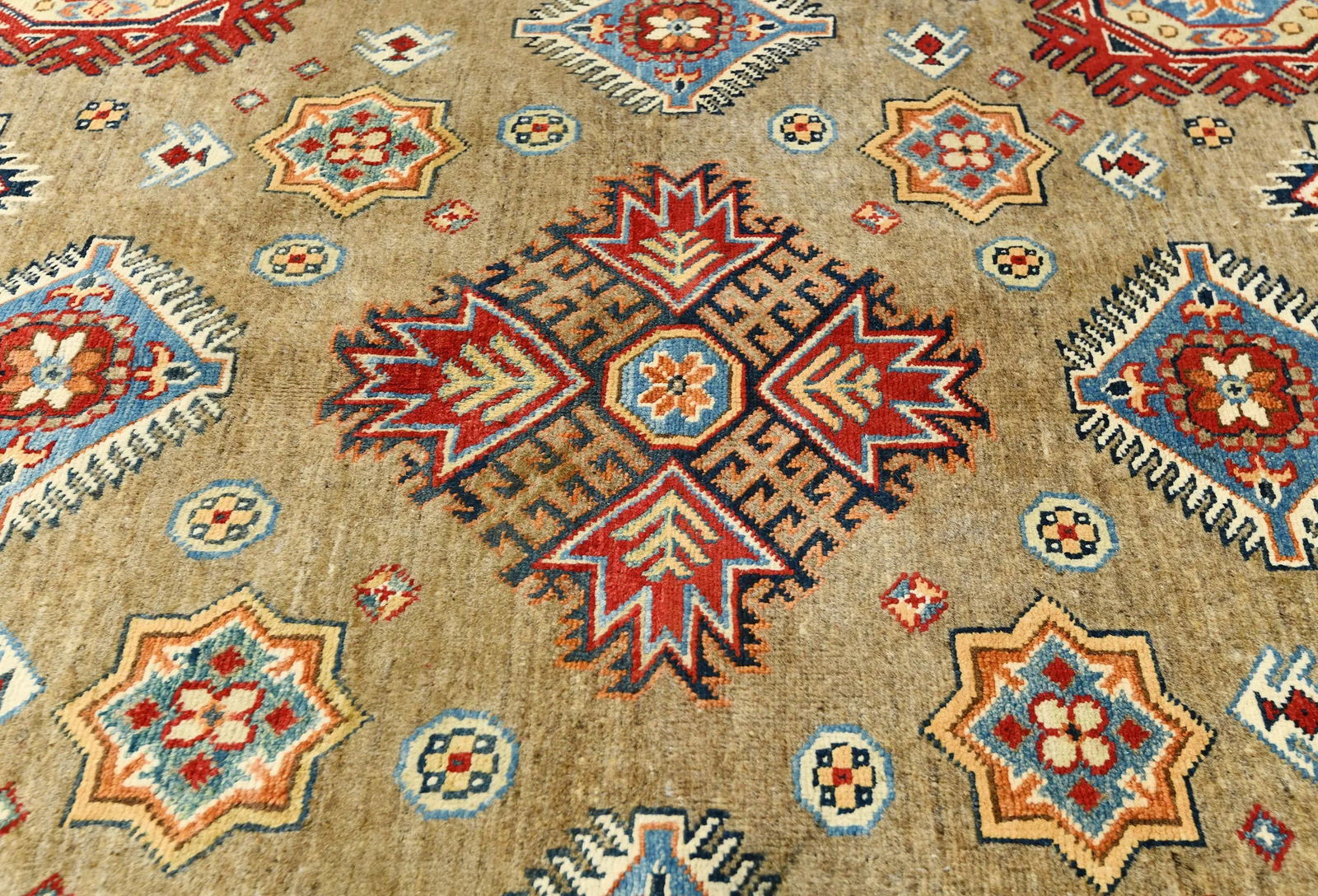 Khaki Geometric Tribal 9X9 Kazak Oriental Round Rug - 5