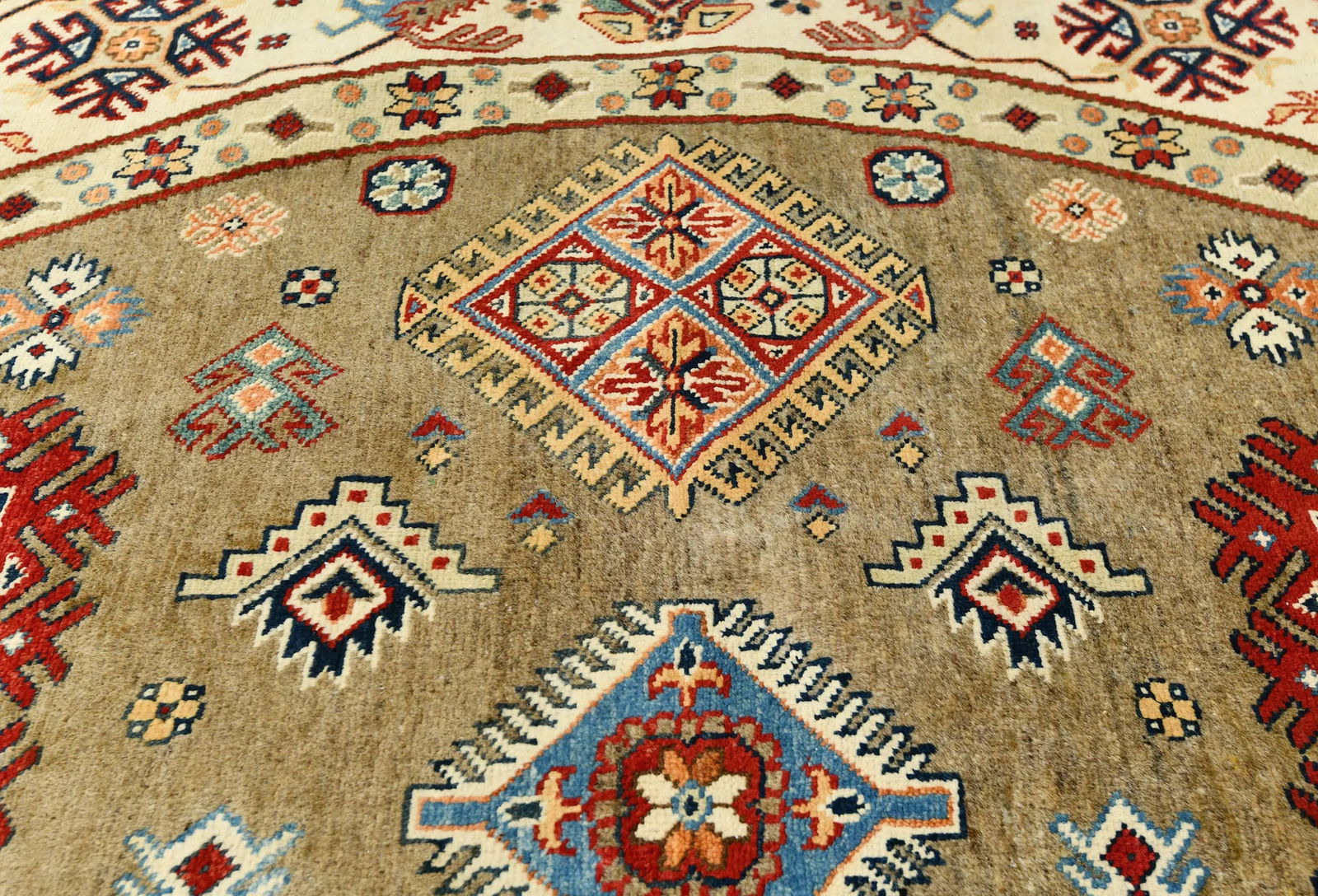 Khaki Geometric Tribal 9X9 Kazak Oriental Round Rug - 7