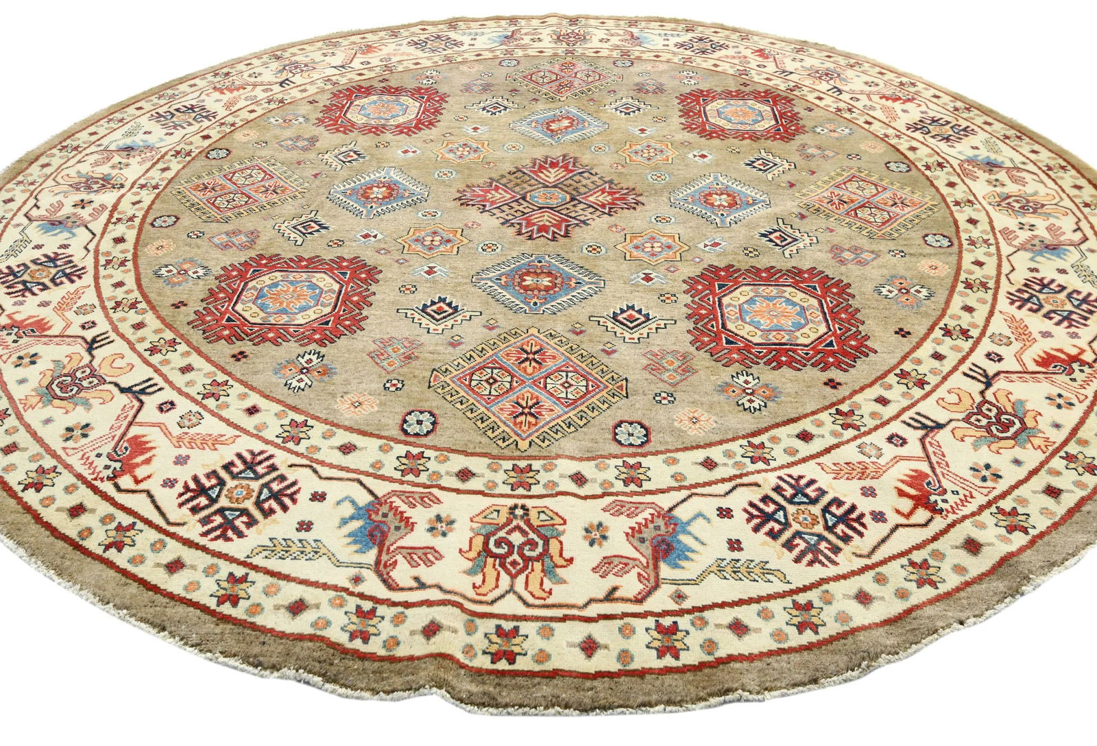 Khaki Geometric Tribal 9X9 Kazak Oriental Round Rug - 9