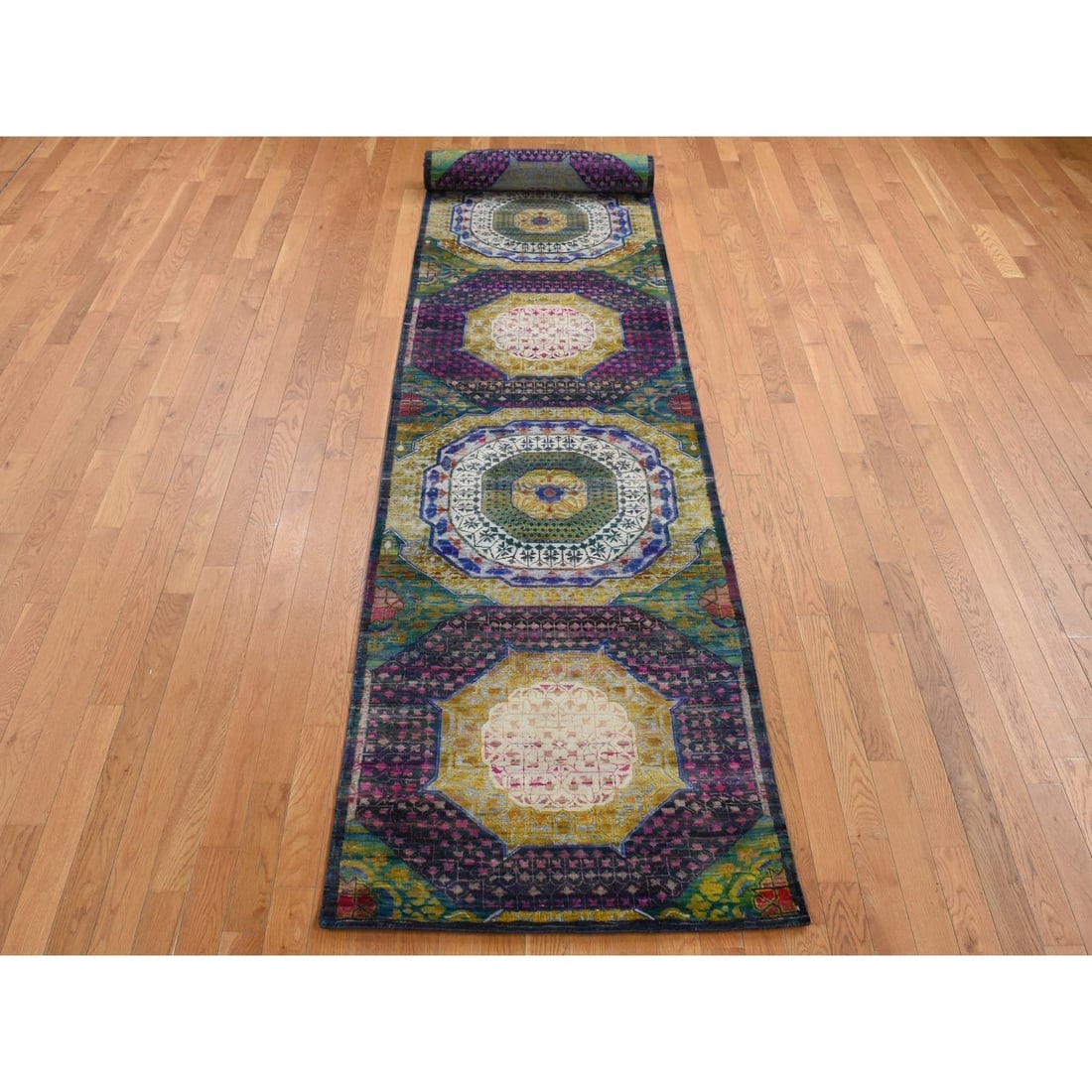 Yellow, Mamluk Design, Sari Silk with Wool, Hand Knotted XL Runner Rug - 2