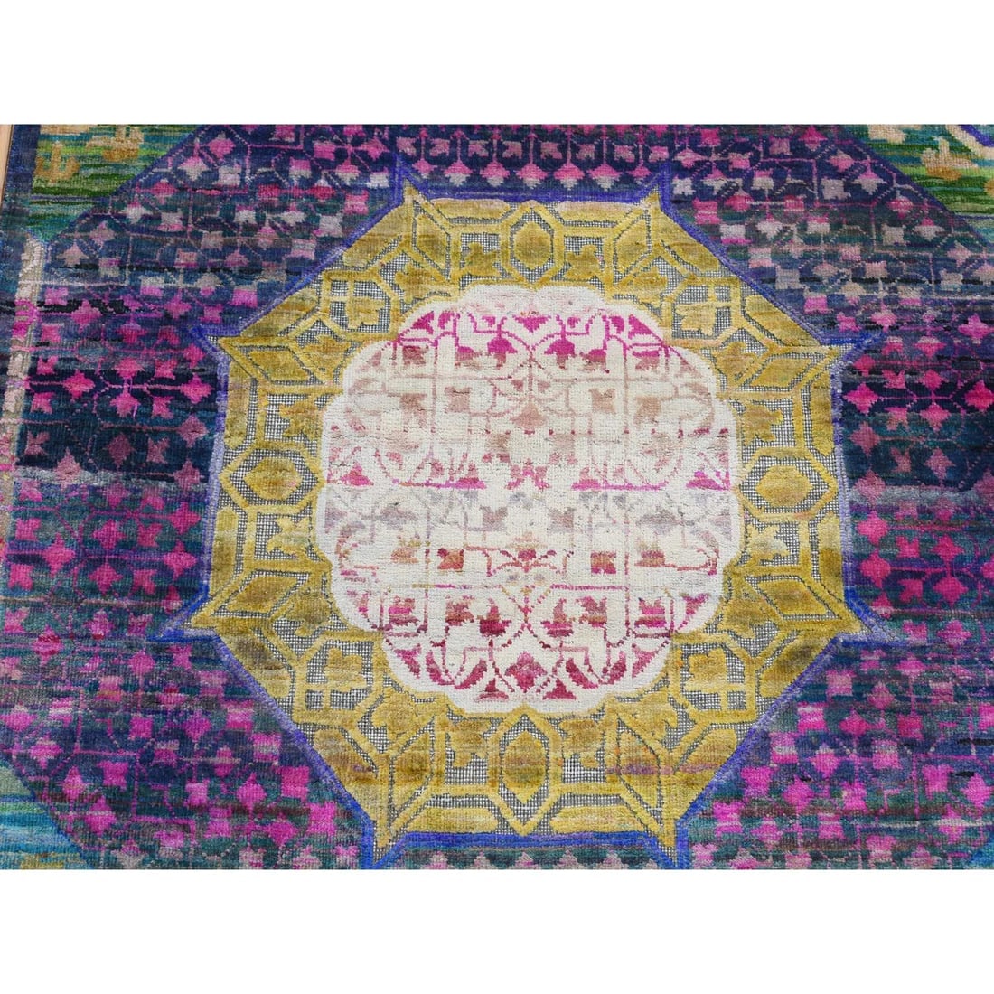 Yellow, Mamluk Design, Sari Silk with Wool, Hand Knotted XL Runner Rug - 7