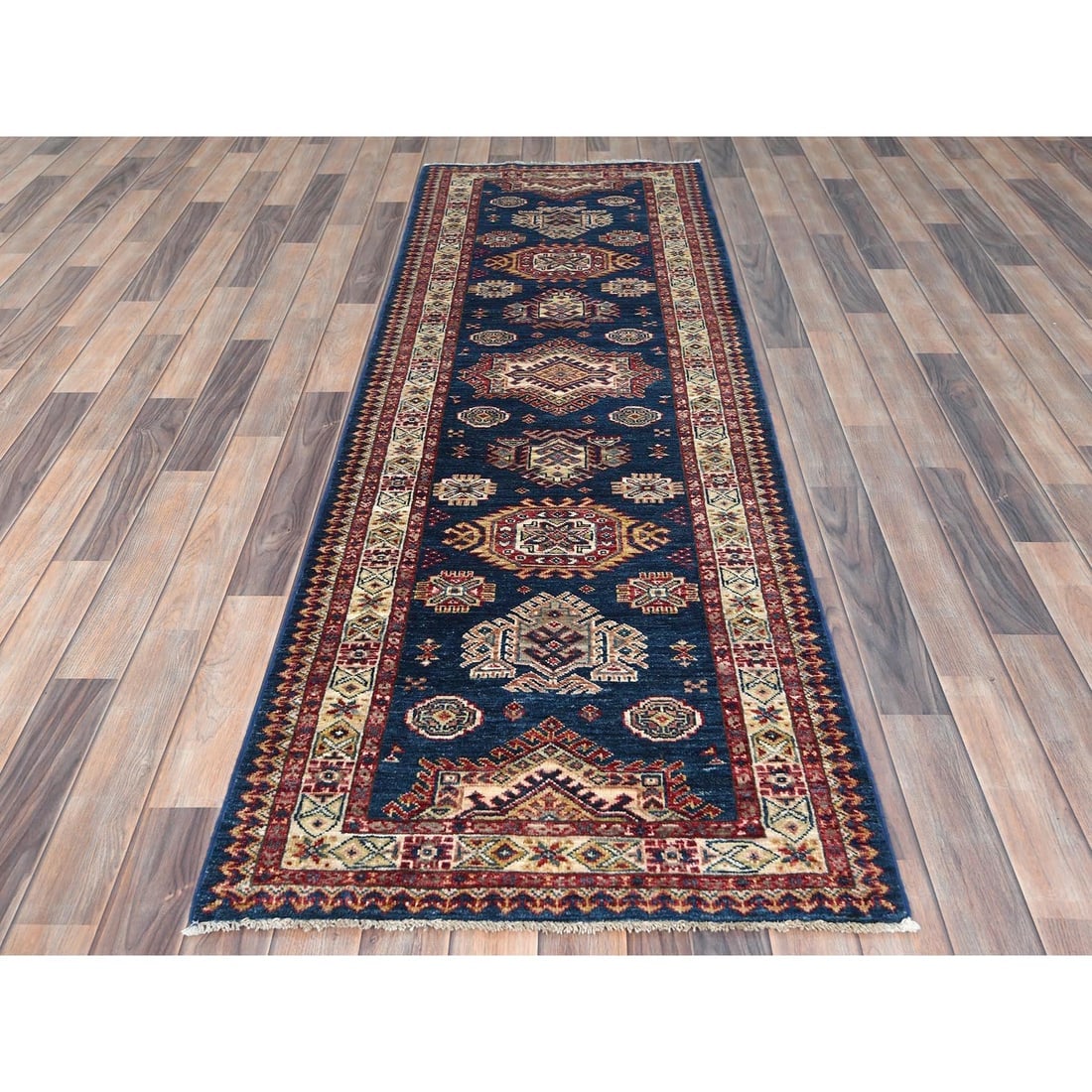 Prussians Blue, Afghan Super Kazak 100% Wool Hand Knotted Runner Rug - 2