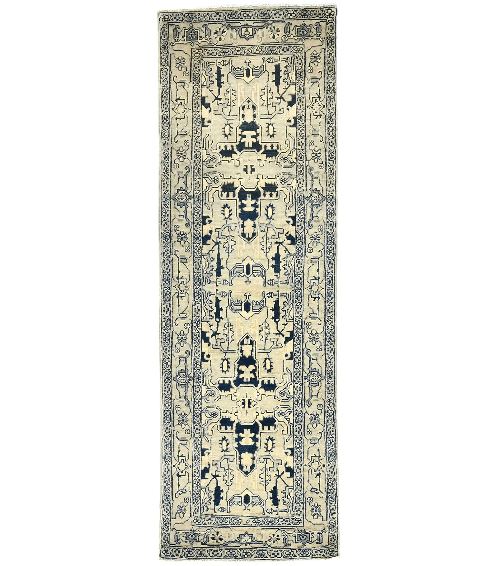 Greige Geometric 3X8 Heriz Serapi Oriental Runner Rug: Title:Greige Geometric 3X8 Heriz Serapi Oriental Runner RugDescription:Hand Knotted 3X8 Greige oriental Runner rug made with vegetable dyes (fine wool pile and cotton foundation), superior knot