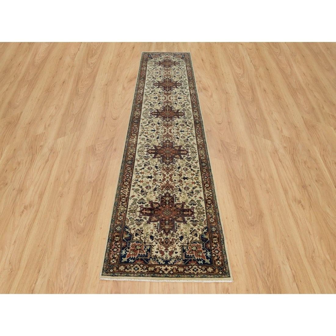 Beige Heris Re-Creation Soft Wool Hand Knotted Runner Oriental Rug - 2