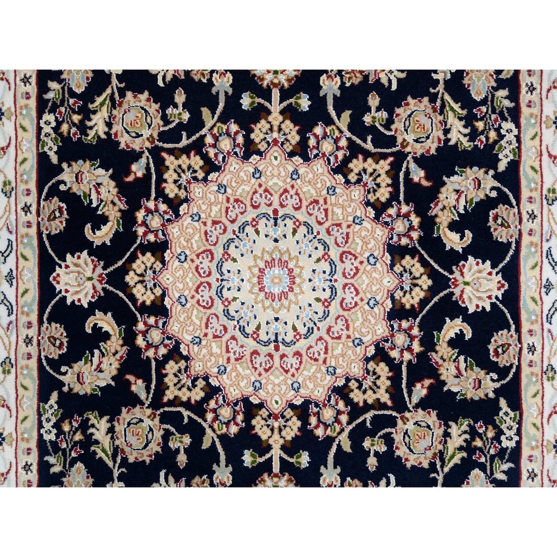 Midnight Blue Pure Wool Hand Knotted Nain 250 KPSI Wide Runner Rug - 5