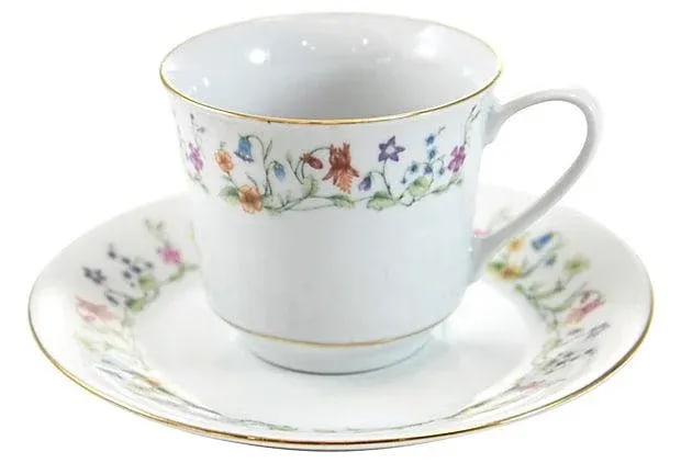 Mid-Century Floral Porcelain Cup & Saucer with Gold Rim - 4